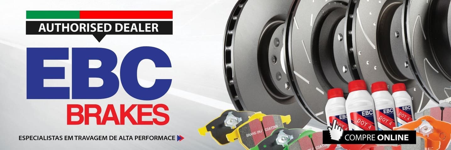 Sistemas de travagem auto da marca EBC, gama de pastilhas Greenstuff, Yellowstuff, Redstuff, Orangestuff, Bluestuff, RP1, discos Turbo Groove, Blade, Ultimax, tubos de malha de ao e pinas de travo.