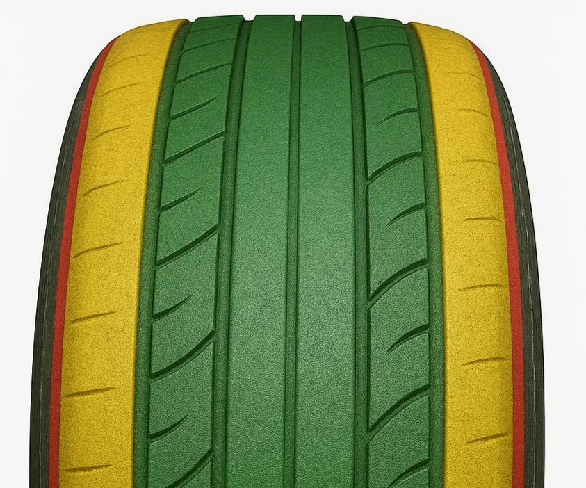 Zonas de reparação de pneu: Verde (reparável), Amarelo (análise necessária), Vermelho (não reparável)